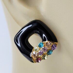 Black Square Earrings With Colorful Crystals